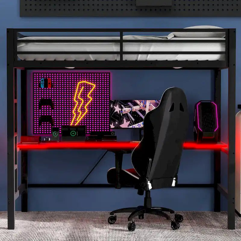 Lit mezzanine de jeu en métal avec bureau en MDF, lumières LED et station de chargement USB