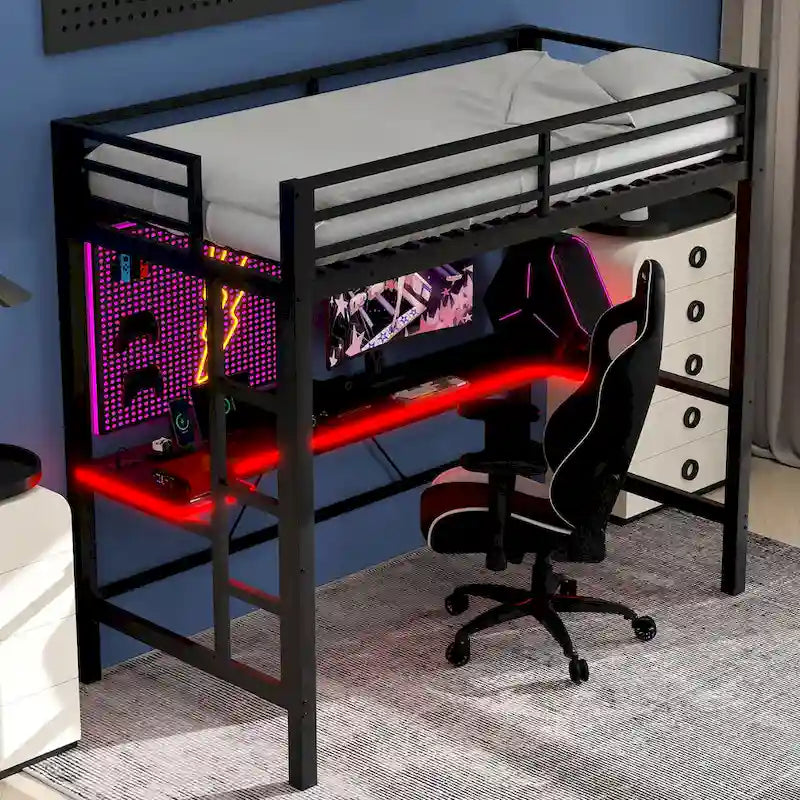 Lit mezzanine de jeu en métal avec bureau en MDF, lumières LED et station de chargement USB