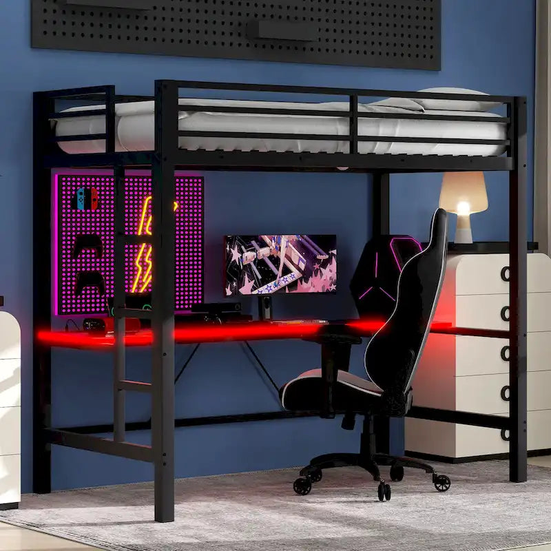 Lit mezzanine de jeu en métal avec bureau en MDF, lumières LED et station de chargement USB