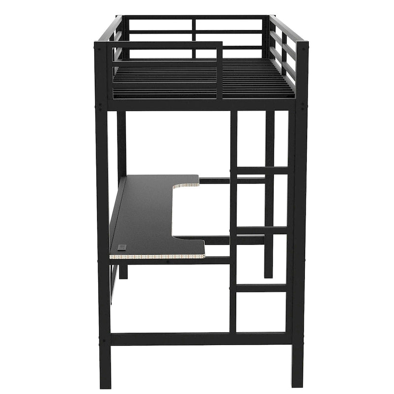 Lit mezzanine de jeu en métal avec bureau en MDF, lumières LED et station de chargement USB