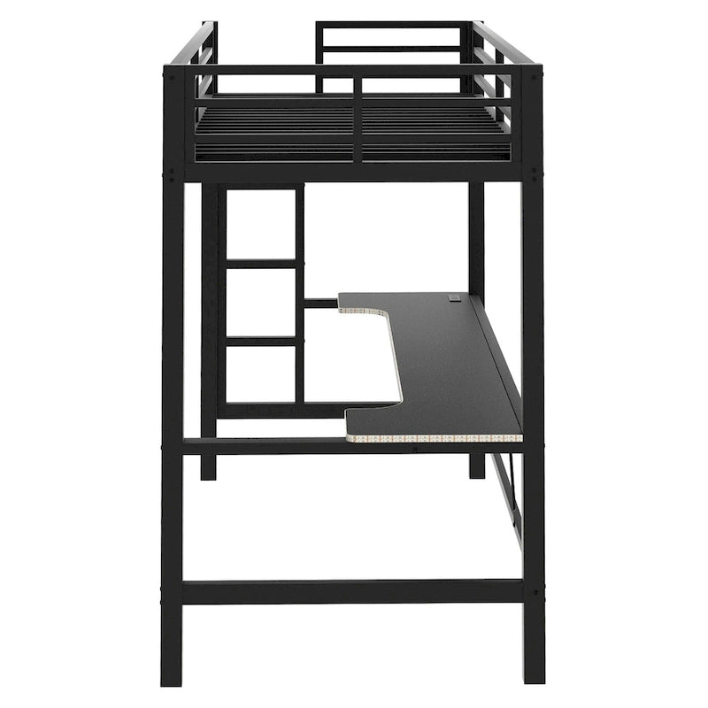 Lit mezzanine de jeu en métal avec bureau en MDF, lumières LED et station de chargement USB