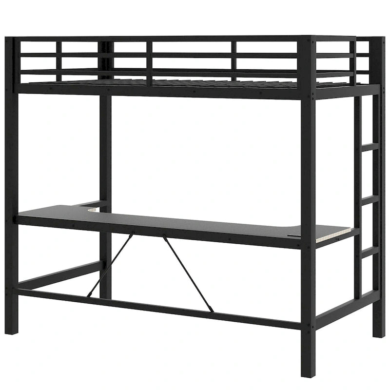 Lit mezzanine de jeu en métal avec bureau en MDF, lumières LED et station de chargement USB