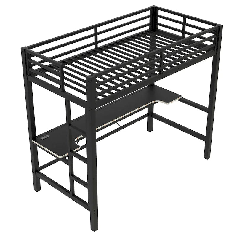 Lit mezzanine de jeu en métal avec bureau en MDF, lumières LED et station de chargement USB