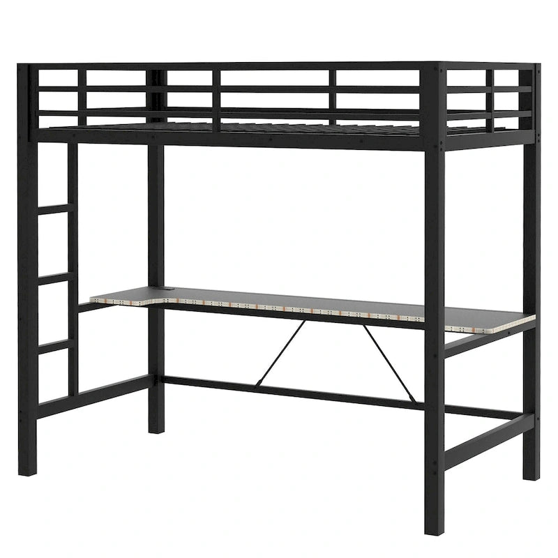 Lit mezzanine de jeu en métal avec bureau en MDF, lumières LED et station de chargement USB