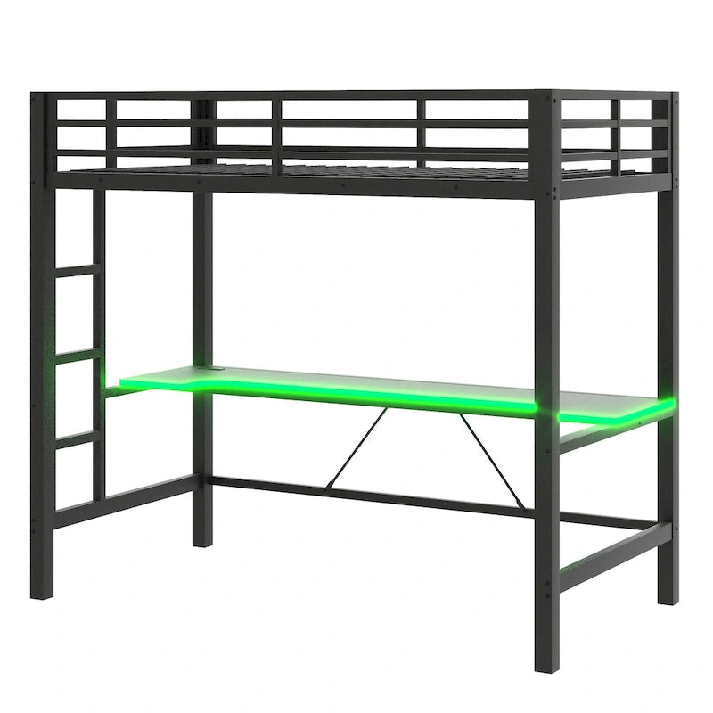 Lit mezzanine de jeu en métal avec bureau en MDF, lumières LED et station de chargement USB