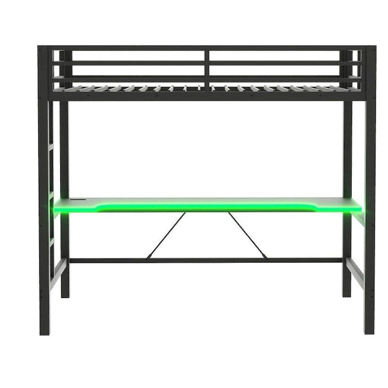 Lit mezzanine de jeu en métal avec bureau en MDF, lumières LED et station de chargement USB