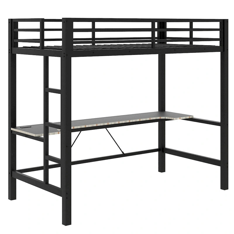 Lit mezzanine de jeu en métal avec bureau en MDF, lumières LED et station de chargement USB