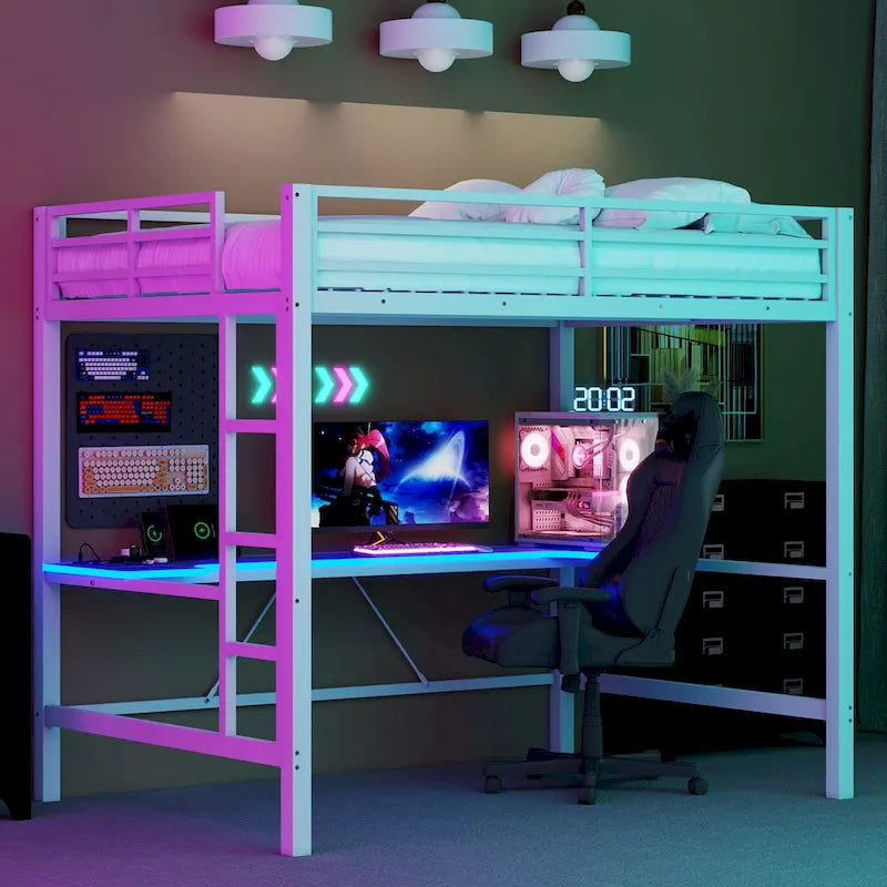 Lit mezzanine de jeu en métal avec bureau en MDF, lumières LED et station de chargement USB