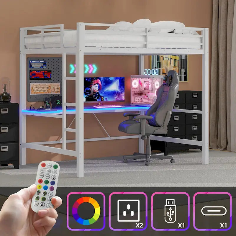 Lit mezzanine de jeu en métal avec bureau en MDF, lumières LED et station de chargement USB