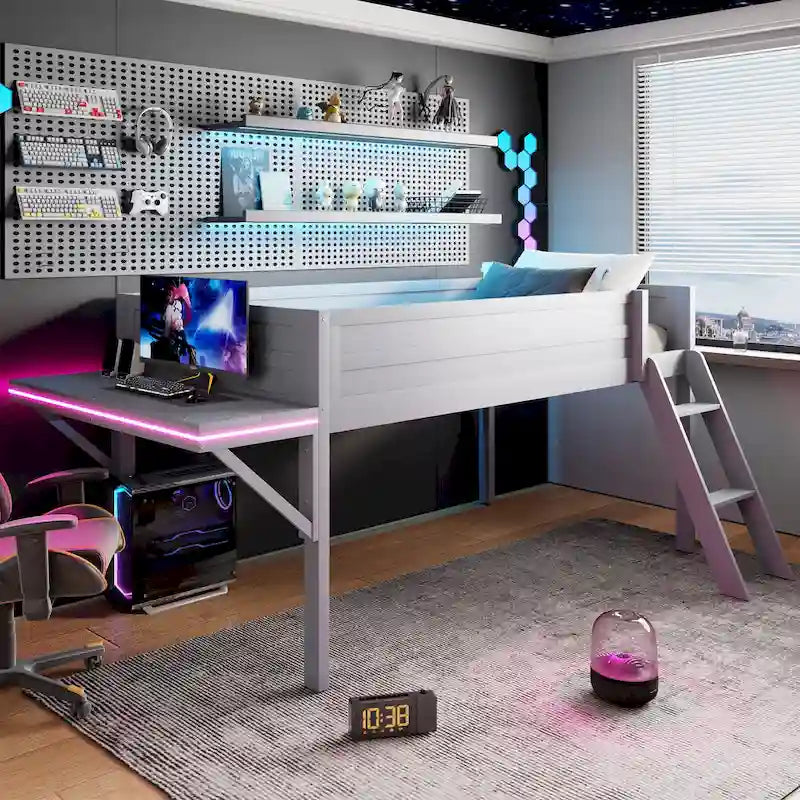 Lit mezzanine bas gris en pin massif avec bureau lumineux à LED, taille jumeau