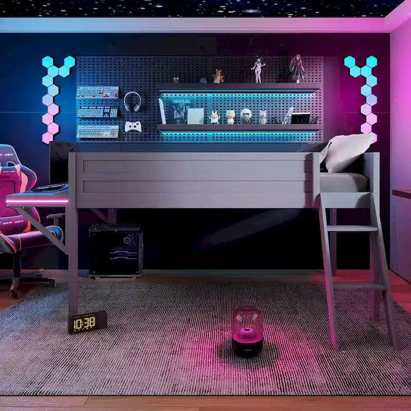 Lit mezzanine bas gris en pin massif avec bureau lumineux à LED, taille jumeau