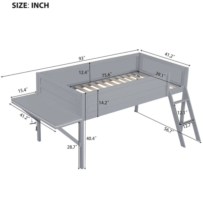 Lit mezzanine bas gris en pin massif avec bureau lumineux à LED, taille jumeau