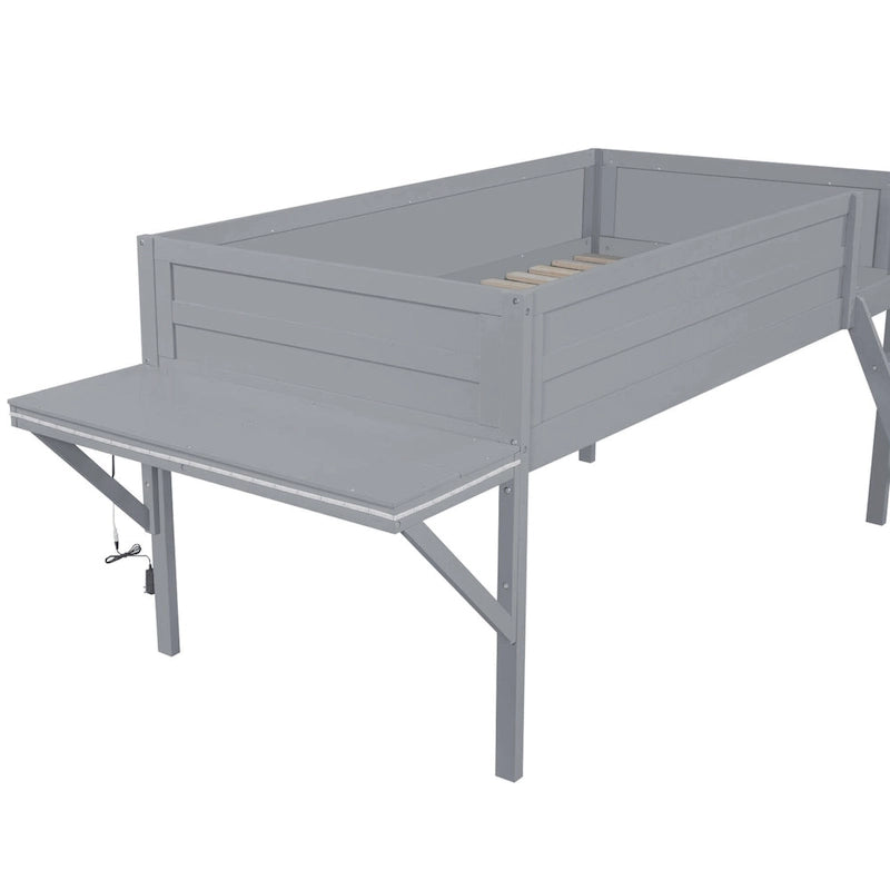 Lit mezzanine bas gris en pin massif avec bureau lumineux à LED, taille jumeau
