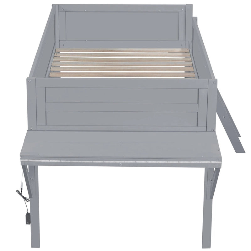 Lit mezzanine bas gris en pin massif avec bureau lumineux à LED, taille jumeau