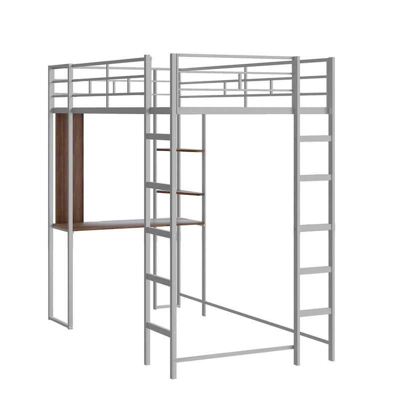 Lit mezzanine simple en métal avec bureau en MDF, étagère d'angle à 2 niveaux, deux échelles et des garde-corps verticaux sur toute la longueur