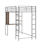 Lit mezzanine simple en métal avec bureau en MDF, étagère d'angle à 2 niveaux, deux échelles et des garde-corps verticaux sur toute la longueur