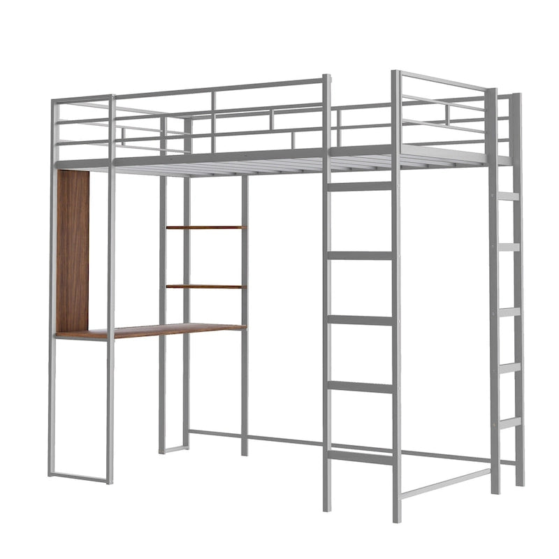 Lit mezzanine simple en métal avec bureau en MDF, étagère d'angle à 2 niveaux, deux échelles et des garde-corps verticaux sur toute la longueur
