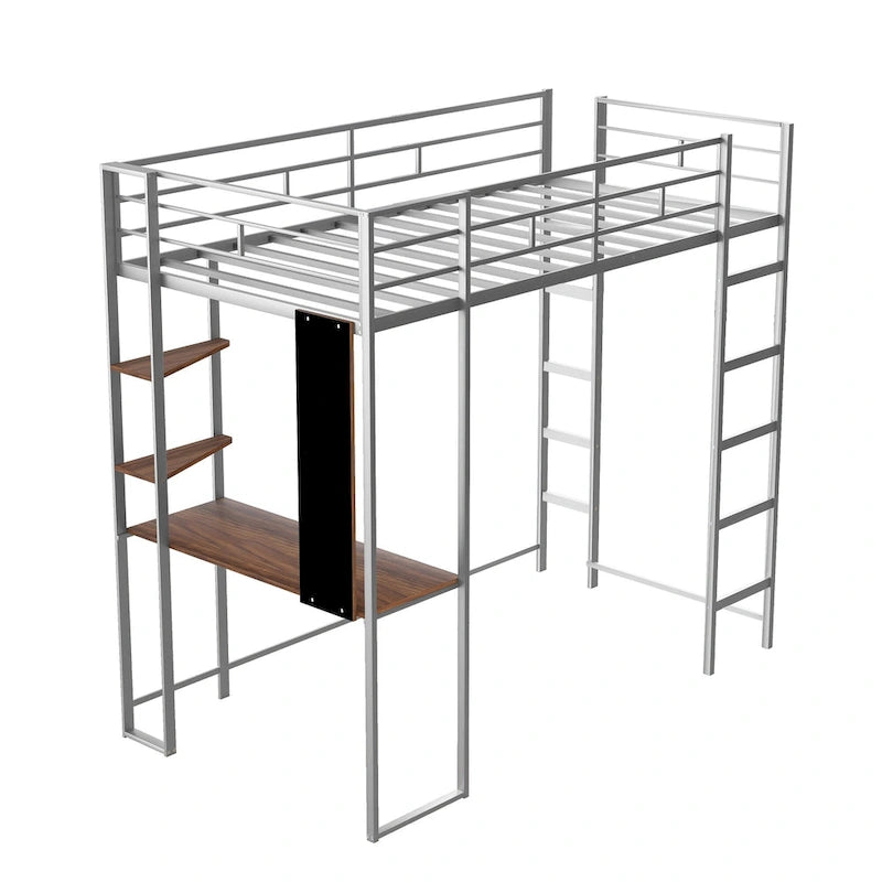 Lit mezzanine simple en métal avec bureau en MDF, étagère d'angle à 2 niveaux, deux échelles et des garde-corps verticaux sur toute la longueur