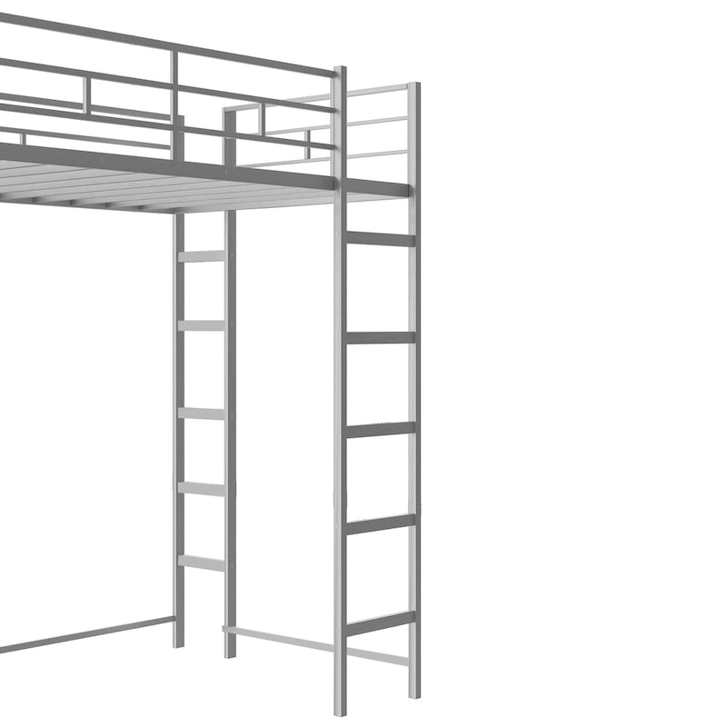 Lit mezzanine simple en métal avec bureau en MDF, étagère d'angle à 2 niveaux, deux échelles et des garde-corps verticaux sur toute la longueur