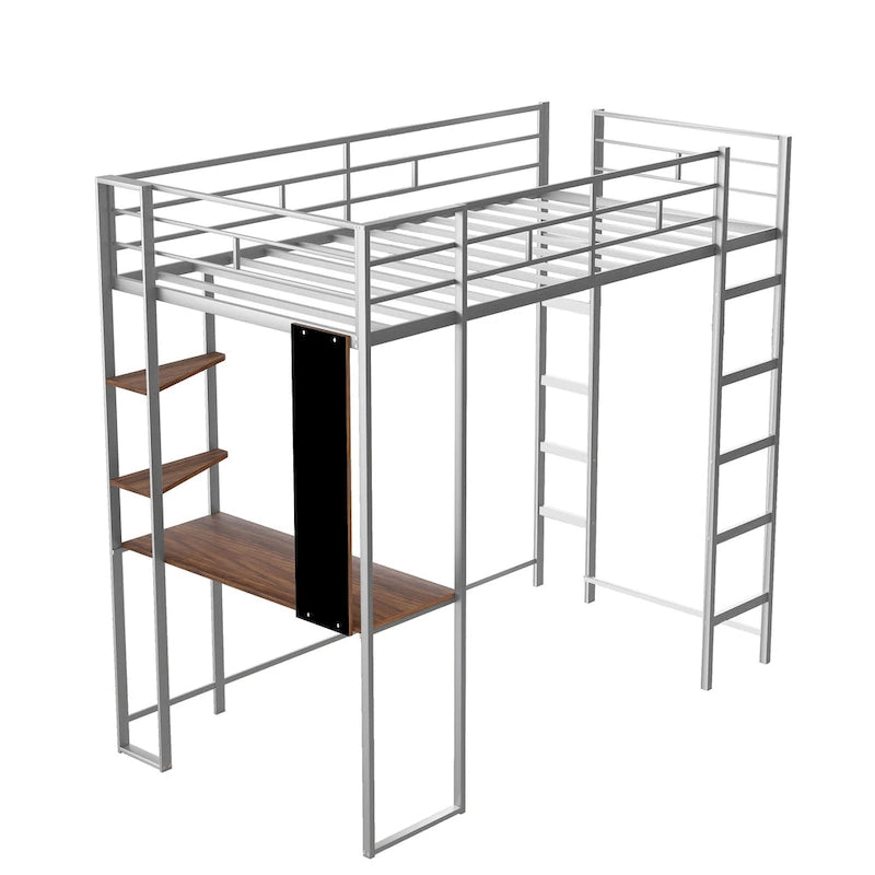 Lit mezzanine simple en métal avec bureau en MDF, étagère d'angle à 2 niveaux, deux échelles et des garde-corps verticaux sur toute la longueur