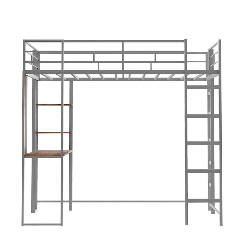 Lit mezzanine simple en métal avec bureau en MDF, étagère d'angle à 2 niveaux, deux échelles et des garde-corps verticaux sur toute la longueur