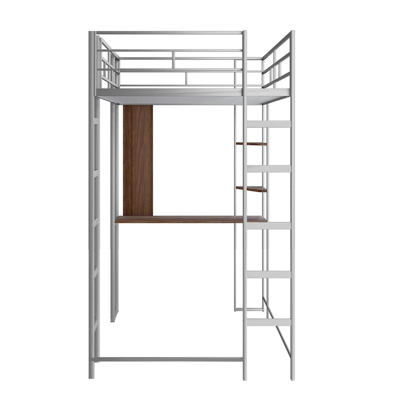 Lit mezzanine simple en métal avec bureau en MDF, étagère d'angle à 2 niveaux, deux échelles et des garde-corps verticaux sur toute la longueur