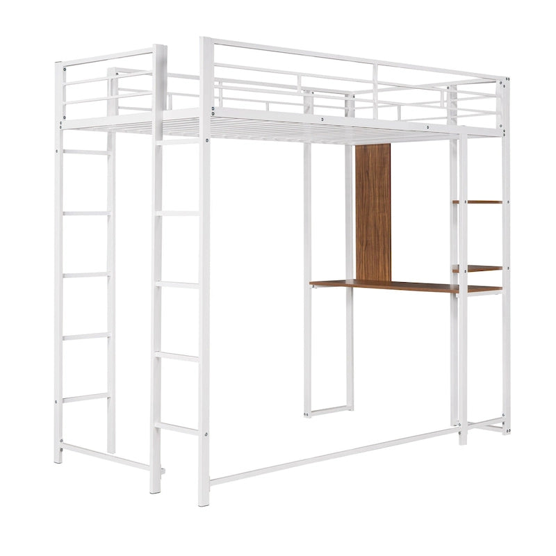 Lit mezzanine simple en métal avec bureau en MDF, étagère d'angle à 2 niveaux, deux échelles et des garde-corps verticaux sur toute la longueur