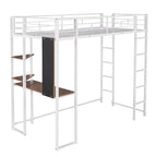 Lit mezzanine simple en métal avec bureau en MDF, étagère d'angle à 2 niveaux, deux échelles et des garde-corps verticaux sur toute la longueur