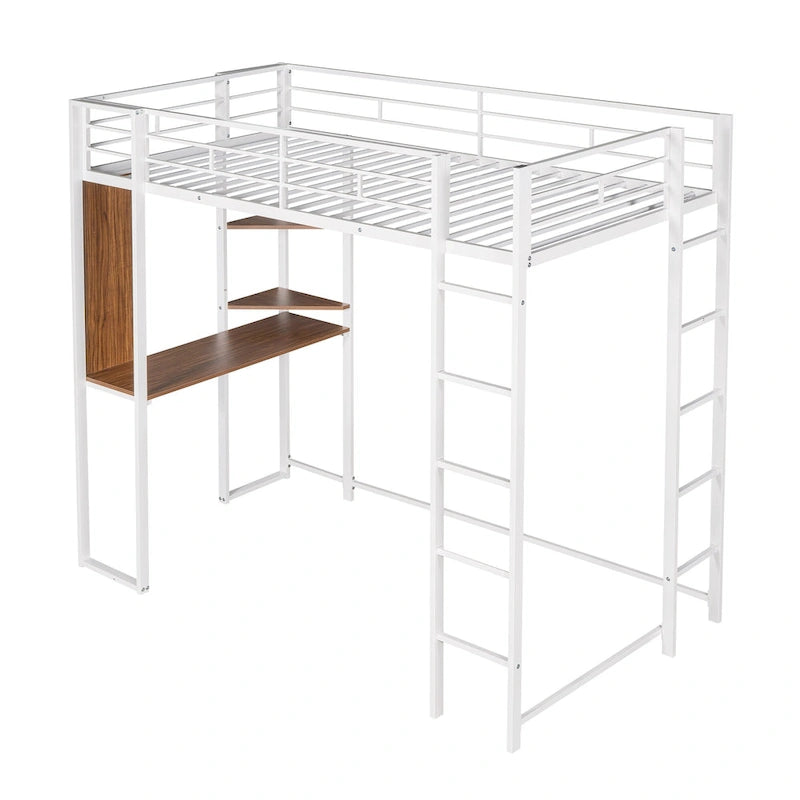Lit mezzanine simple en métal avec bureau en MDF, étagère d'angle à 2 niveaux, deux échelles et des garde-corps verticaux sur toute la longueur