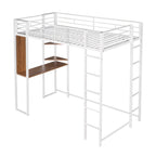 Lit mezzanine simple en métal avec bureau en MDF, étagère d'angle à 2 niveaux, deux échelles et des garde-corps verticaux sur toute la longueur