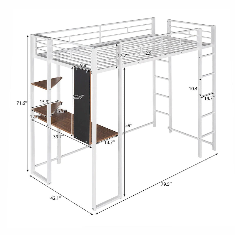 Lit mezzanine simple en métal avec bureau en MDF, étagère d'angle à 2 niveaux, deux échelles et des garde-corps verticaux sur toute la longueur