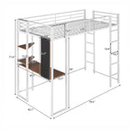 Lit mezzanine simple en métal avec bureau en MDF, étagère d'angle à 2 niveaux, deux échelles et des garde-corps verticaux sur toute la longueur