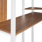 Lit mezzanine simple en métal avec bureau en MDF, étagère d'angle à 2 niveaux, deux échelles et des garde-corps verticaux sur toute la longueur