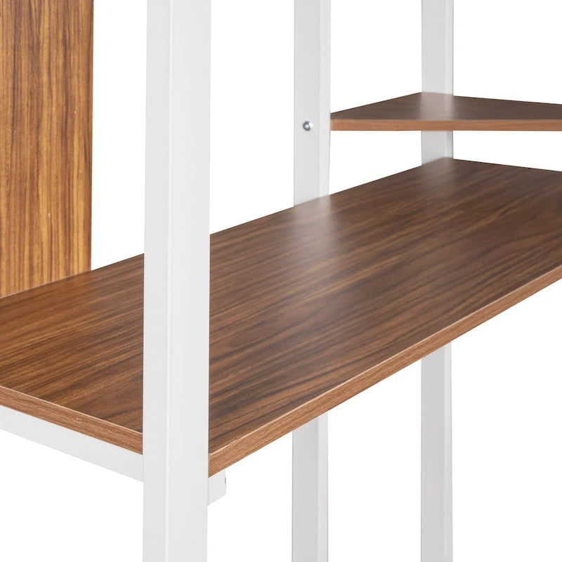 Lit mezzanine simple en métal avec bureau en MDF, étagère d'angle à 2 niveaux, deux échelles et des garde-corps verticaux sur toute la longueur