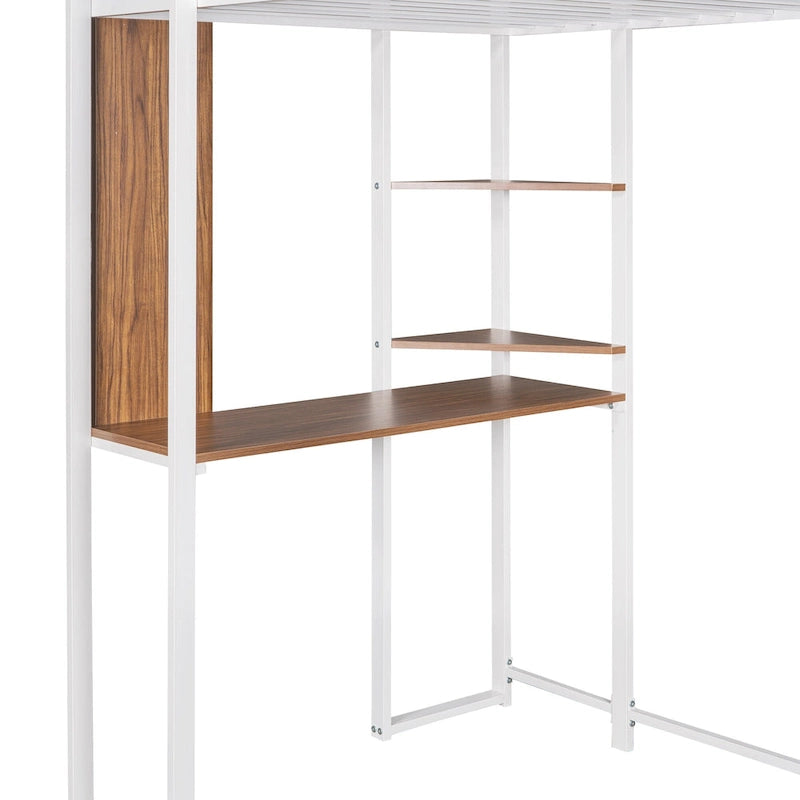 Lit mezzanine simple en métal avec bureau en MDF, étagère d'angle à 2 niveaux, deux échelles et des garde-corps verticaux sur toute la longueur
