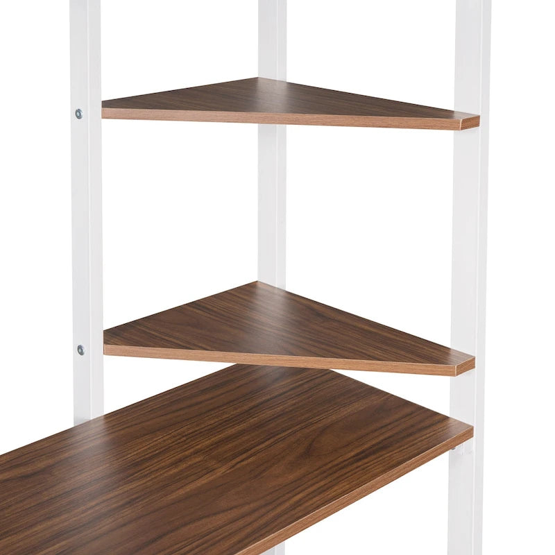 Lit mezzanine simple en métal avec bureau en MDF, étagère d'angle à 2 niveaux, deux échelles et des garde-corps verticaux sur toute la longueur