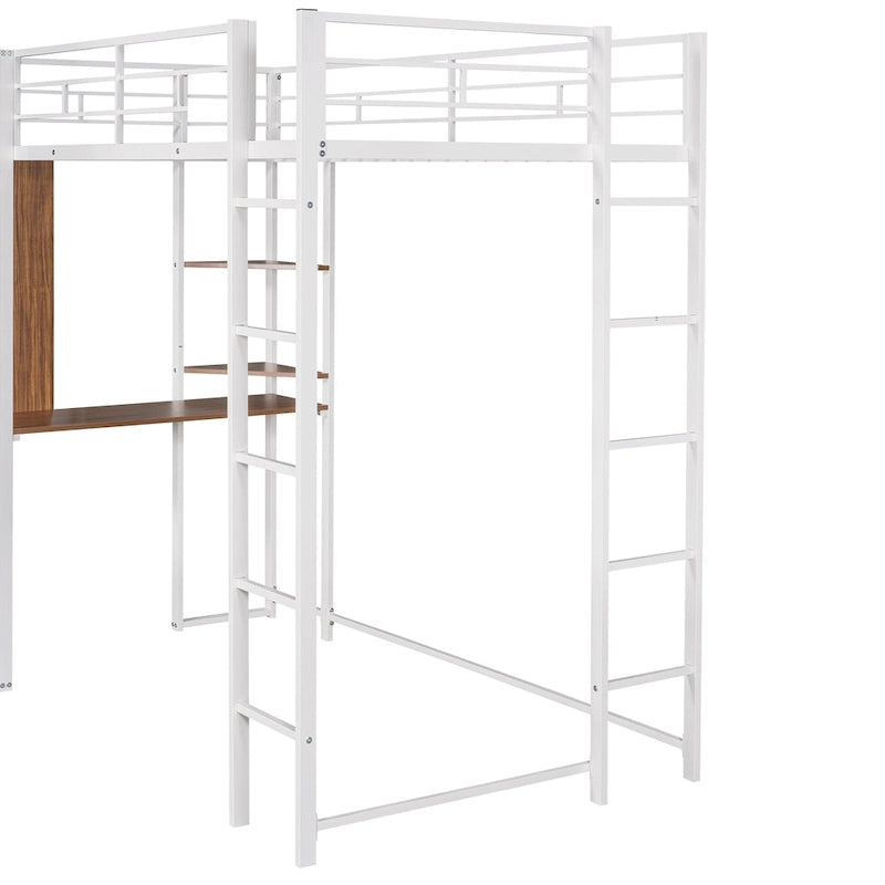 Lit mezzanine simple en métal avec bureau en MDF, étagère d'angle à 2 niveaux, deux échelles et des garde-corps verticaux sur toute la longueur