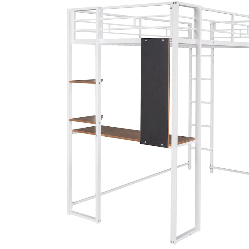 Lit mezzanine simple en métal avec bureau en MDF, étagère d'angle à 2 niveaux, deux échelles et des garde-corps verticaux sur toute la longueur