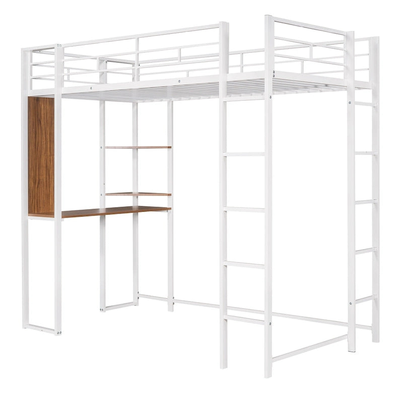 Lit mezzanine simple en métal avec bureau en MDF, étagère d'angle à 2 niveaux, deux échelles et des garde-corps verticaux sur toute la longueur