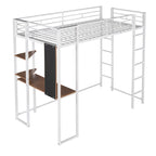 Lit mezzanine simple en métal avec bureau en MDF, étagère d'angle à 2 niveaux, deux échelles et des garde-corps verticaux sur toute la longueur