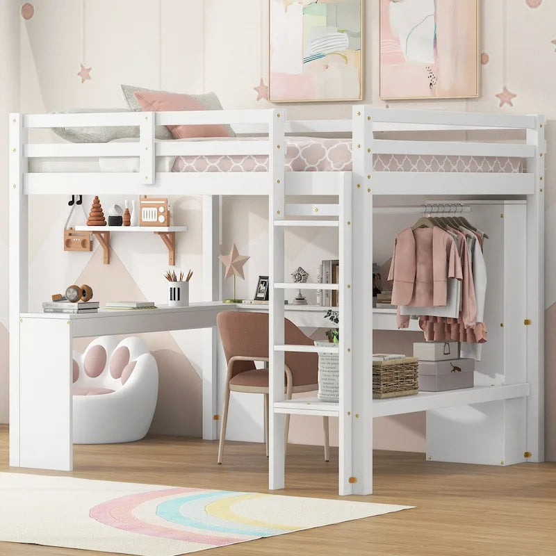 Lit mezzanine en bois massif avec bureau en L, penderie ouverte, armoire, 2 tiroirs et étagères de rangement