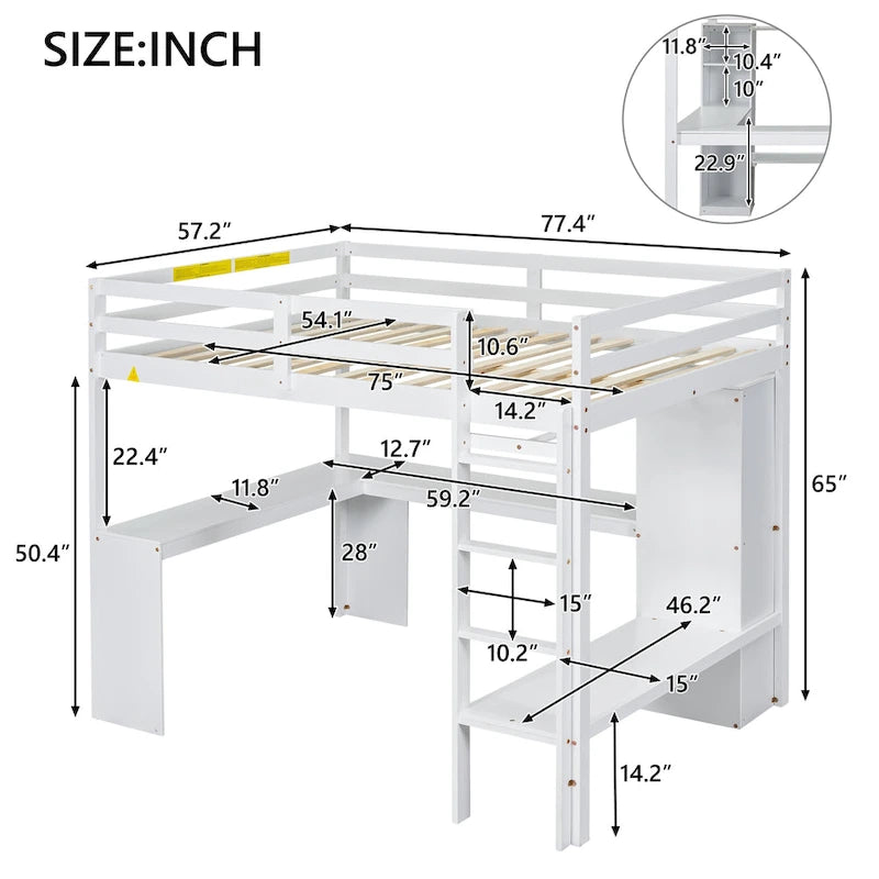 Lit mezzanine en bois massif avec bureau en L, penderie ouverte, armoire, 2 tiroirs et étagères de rangement