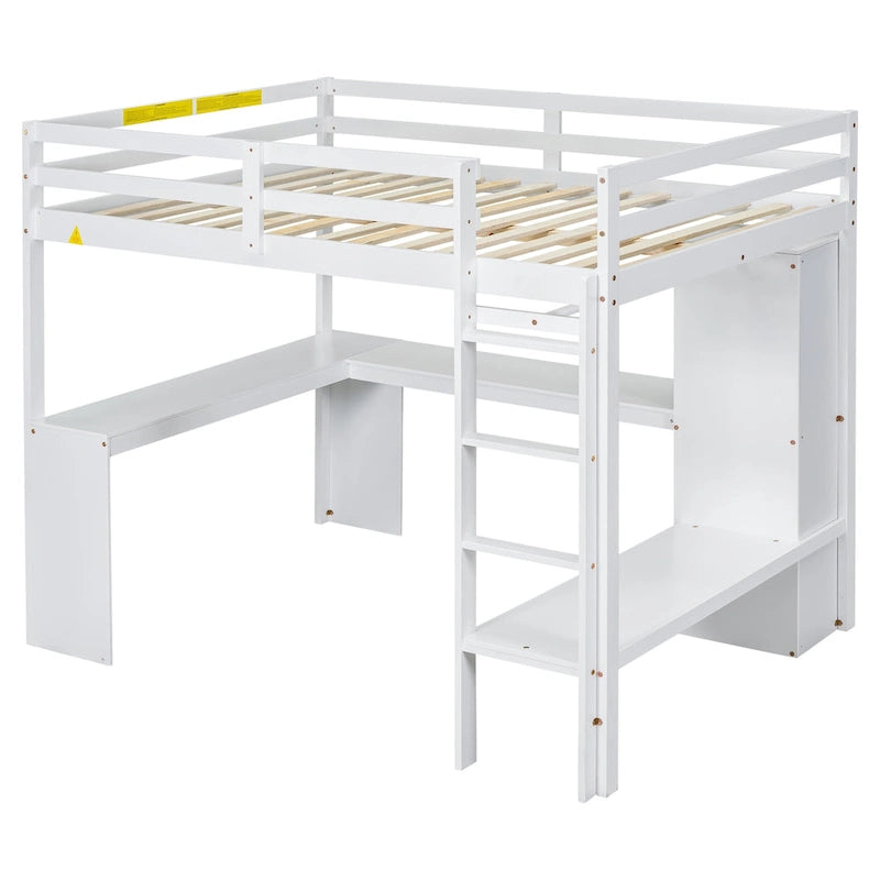 Lit mezzanine en bois massif avec bureau en L, penderie ouverte, armoire, 2 tiroirs et étagères de rangement