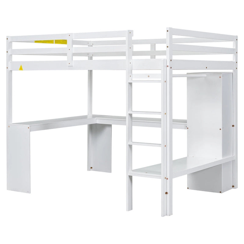 Lit mezzanine en bois massif avec bureau en L, penderie ouverte, armoire, 2 tiroirs et étagères de rangement