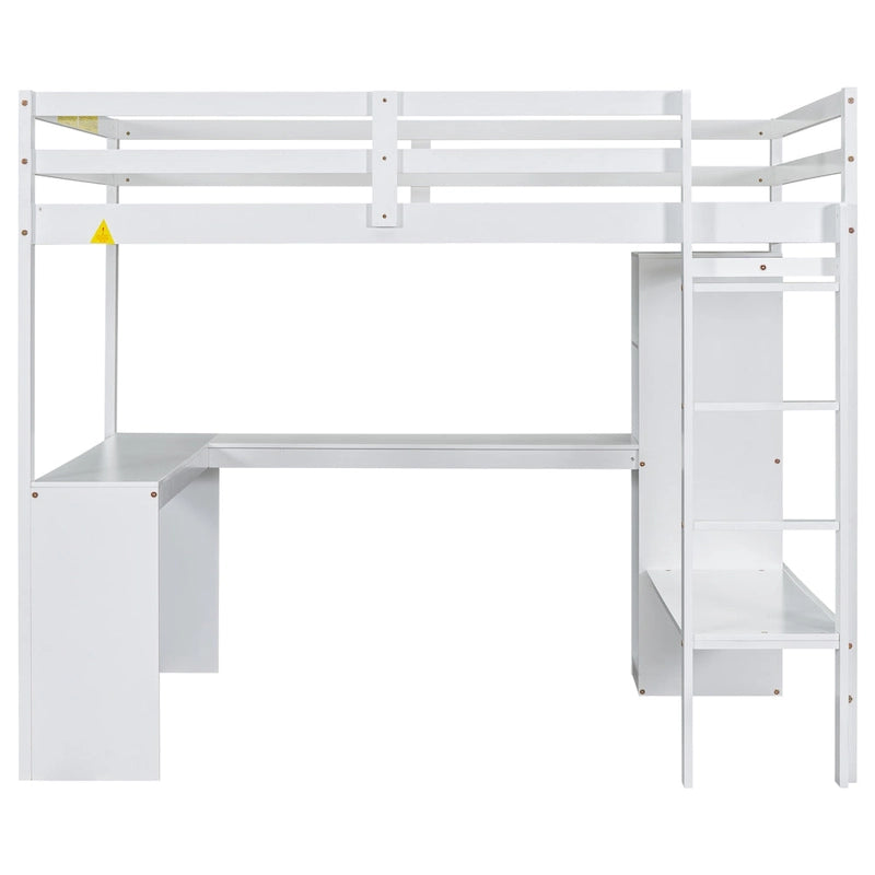 Lit mezzanine en bois massif avec bureau en L, penderie ouverte, armoire, 2 tiroirs et étagères de rangement