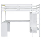 Lit mezzanine en bois massif avec bureau en L, penderie ouverte, armoire, 2 tiroirs et étagères de rangement