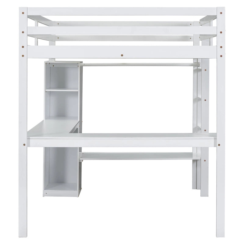 Lit mezzanine en bois massif avec bureau en L, penderie ouverte, armoire, 2 tiroirs et étagères de rangement