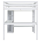 Lit mezzanine en bois massif avec bureau en L, penderie ouverte, armoire, 2 tiroirs et étagères de rangement