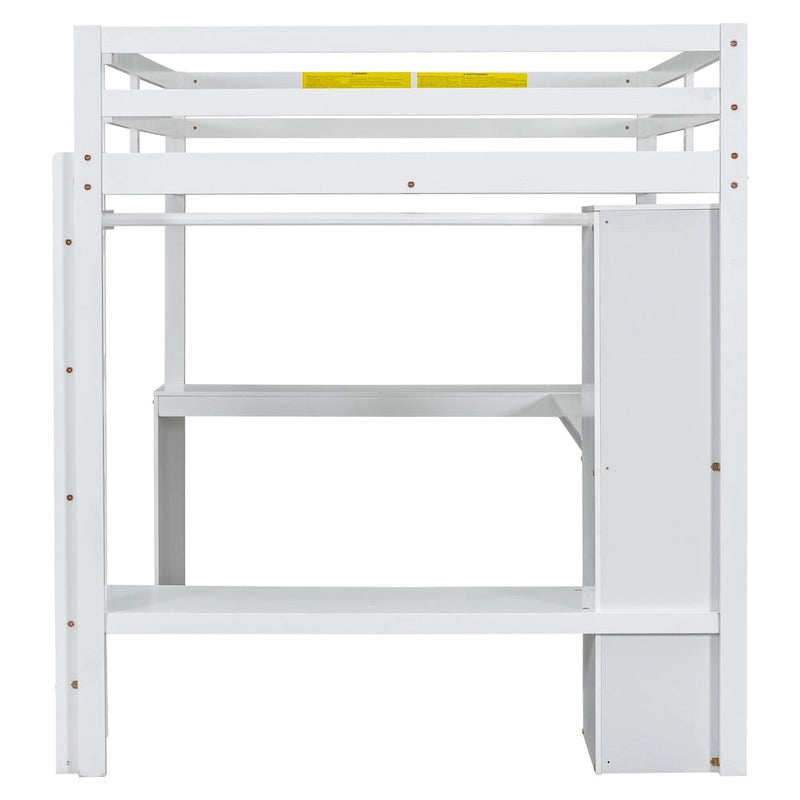 Lit mezzanine en bois massif avec bureau en L, penderie ouverte, armoire, 2 tiroirs et étagères de rangement
