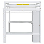 Lit mezzanine en bois massif avec bureau en L, penderie ouverte, armoire, 2 tiroirs et étagères de rangement